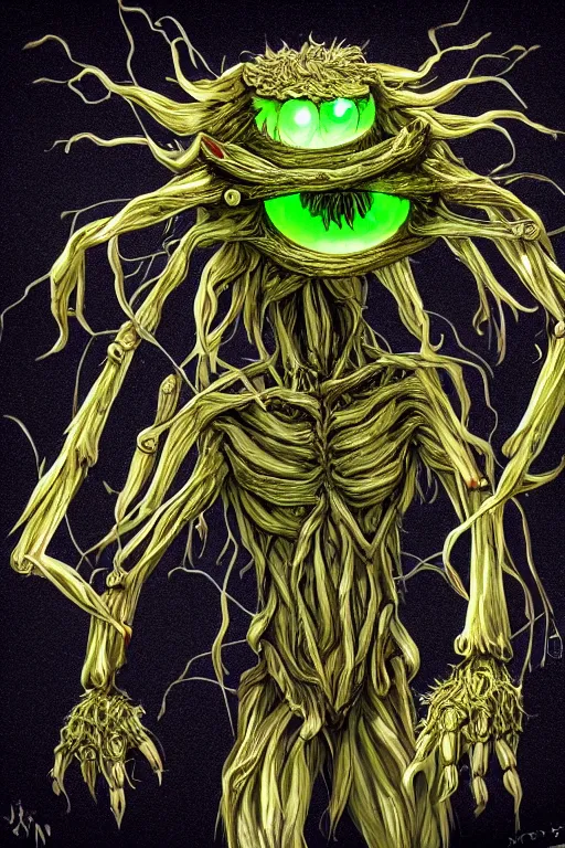 Image similar to a humanoid figure dandelion monster with large glowing eyes and 4 arms, highly detailed, digital art, sharp focus, trending on art station, artichoke, anime art style