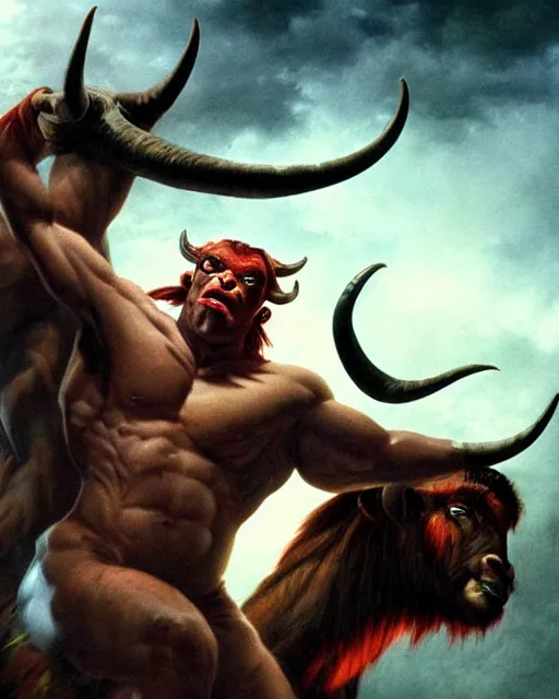 Image similar to a red skinned highly muscular devil satyr with goat legs, yellow goat eyes, long pointy chin, red face, and two huge water buffalo like black horns jutting out from the top of his large red head, in the style of darkness from the movie legend