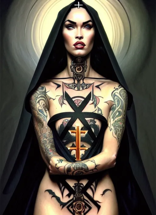 Image similar to portrait of megan fox as a satanic nun with face tattoos, catholic, church, bible, christian, intricate, headshot, highly detailed, digital painting, artstation, concept art, sharp focus, cinematic lighting, illustration, art by artgerm and greg rutkowski, alphonse mucha, cgsociety