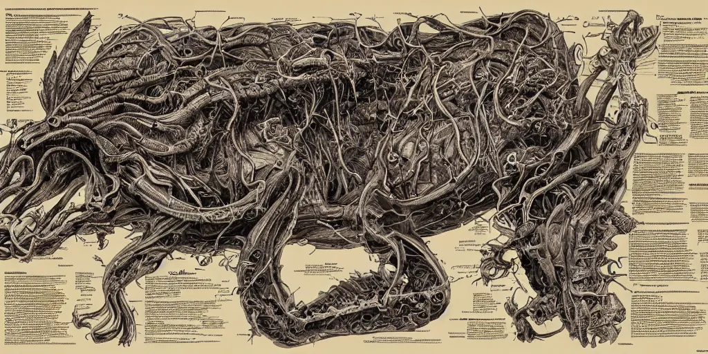 Prompt: highly detailed labeled medical anatomy poster of a eldritch beast, poster paper with notes, well - lit, ray tracing, detailed, mechanism, forbidden - knowledge, intricate details, gold and silver ink, by kentaro miura, marco bucci