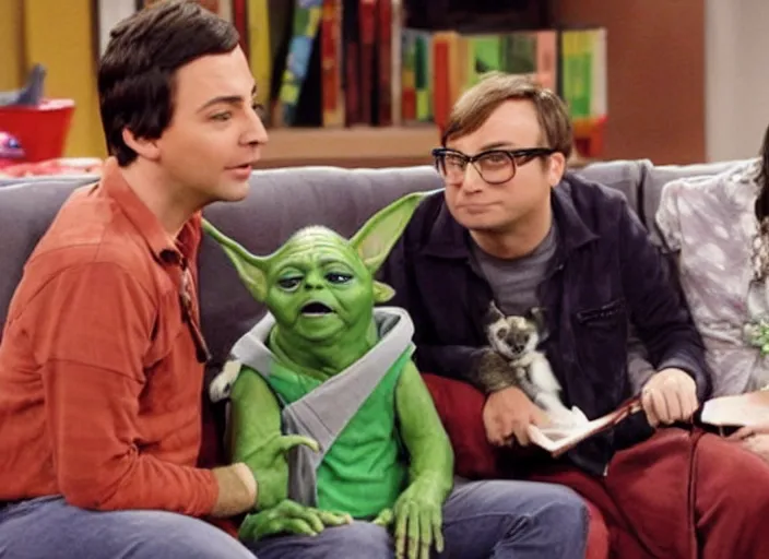 Image similar to a film still of a dog yoda in sitcom big bang theory