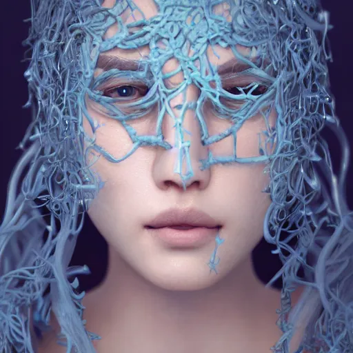 Image similar to intricate highly detailed face portrait of asian - european woman, light blue water vines on her face, intricate, cgsociety, unreal engine, octane render, sharp focus, smooth, volumetric lighting, cinematic composition, artstation