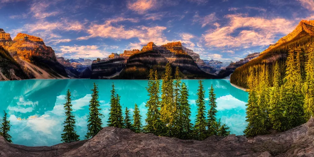 Image similar to lake louise panaroma at dawn detailed luminescent oil painting 4 k