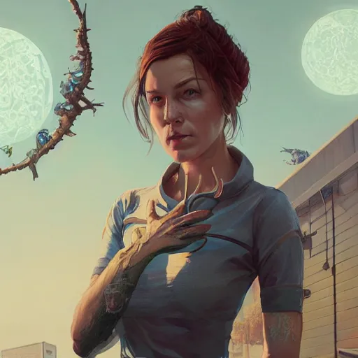 Prompt: highly detailed portrait, a woman with robotic parts, in gta v, stephen bliss, unreal engine, fantasy art by greg rutkowski, loish, rhads, ferdinand knab, makoto shinkai and lois van baarle, ilya kuvshinov, rossdraws, tom bagshaw, global illumination, radiant light, detailed and intricate environment