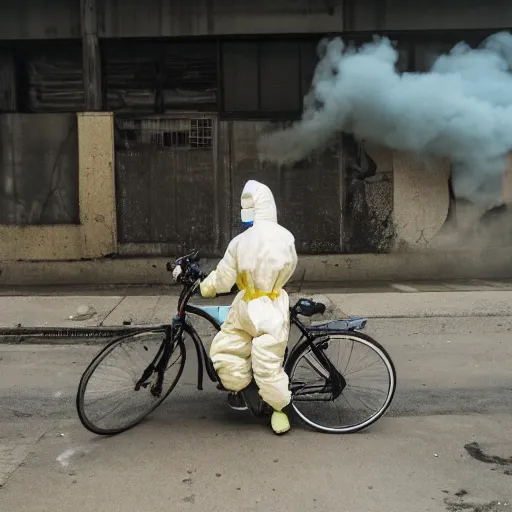 Image similar to a photo of a female wearing a hazmat suit, riding a bike, side-view, smoke in the background, filthy streets, broken cars. Vines growing. Jpeg artifacts. Full-color photo. Color color color color color. Award-winning photo. Samyang/Rokinon Xeen 50mm T1.5