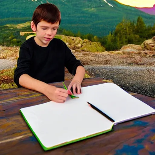 Prompt: boy, drawing sketches on his notebook, colorful painting, elegant, clear, psychodelic, mountains in the background, masterpiece,