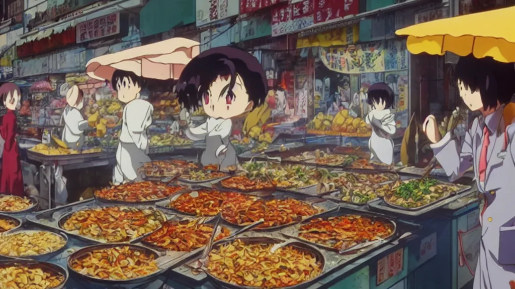 Prompt: a rabbit being cooked in a street market, anime film still from the an anime directed by Katsuhiro Otomo with art direction by Salvador Dalí, wide lens