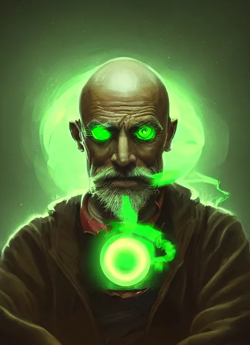 Prompt: a highly detailed illustration of bald old man smoking with green glowing eyes, dramatic smoking pose, nuclear background, intricate, elegant, highly detailed, centered, digital painting, artstation, concept art, smooth, sharp focus, league of legends concept art, wlop.