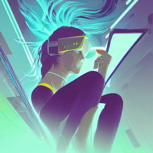 Prompt: a girl reading a book, her hair flowing down, cyberpunk art by by james gilleard, cgsociety, retrofuturism, synthwave, retrowave, outrun