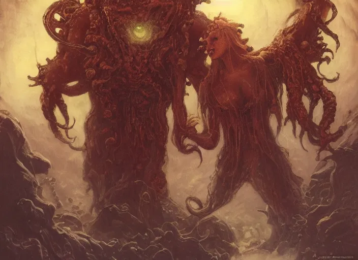 Image similar to my bed giant cthulhu children afraid in the dark moon light by gaston bussiere, anna nikonova aka newmilky, yoji shinkawa, yoshitaka amano, tsutomu niehi, donato giancola, geoffroy thoorens, trending on artstation, featured on pixiv, cinematic composition, 8 k