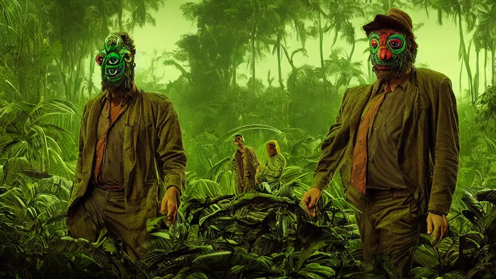 Image similar to snake oil saleman demigod with neon green mask in a swampy jungle landscape, visible sky and humid atmosphere, the salesman's dream by alejandro jodorowsky and denis villeneuve, kodakchrome, cinematic composition, practical effects, 8 k