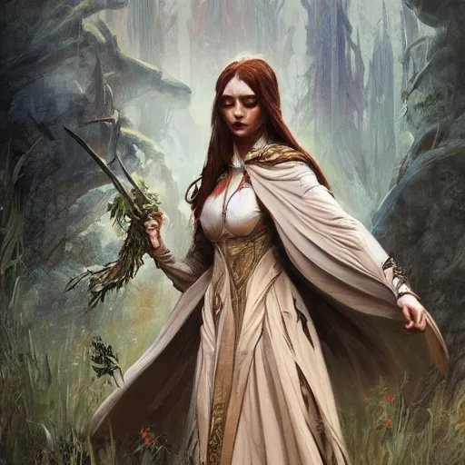 Image similar to an beautiful female hunter wearing a long flowing cape, fantasy, intricate, elegant, highly detailed, D&D, digital painting, artstation, concept art, matte painting, sharp focus, illustration, in the style of Greg Rutkowski and Alphonse Mucha and artemisia, 8k,