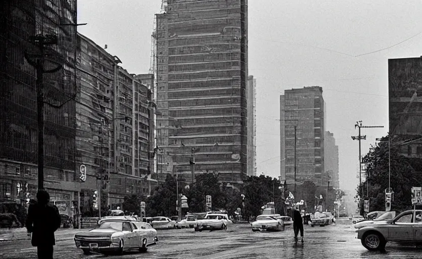 Prompt: 70s movie still of a soviet street with pedestrians with soviet high rise in the backround , Cinestill 800t 18mm beuatiful black and white, heavy grainy picture, very detailed, high quality, 4k panoramic, dramatic lightning, neon billboards and streetlight at night, rain, mud, foggy, big sculpture of Lenin on a square