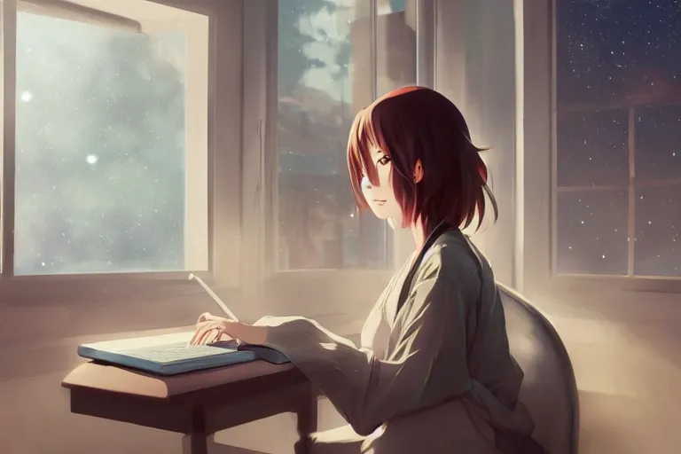 Prompt: a beautiful anime-style digital concept painting of a young woman studying on a laptop in front of a window with a view of the universe, by Stanley Artgerm Lau, WLOP, Rossdraws, LeraPi, and Sakimichan, trending on artstation