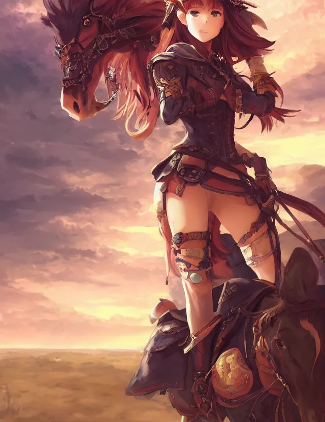 Image similar to scenic wide angle portrait of a teenage girl, bard outfit, riding a horse, anime in fantasy style, trending artwork, painted in anime painter studio, by anato finstark, tony sart, marc simonetti and an anime artist, collaboration