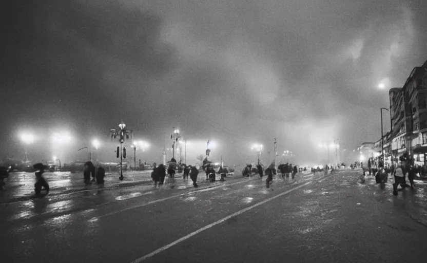 Image similar to 1990s movie still of a yougoslavian street with a large riot with stalinist style highrise, Cinestill 800t 18mm, heavy grainy picture, very detailed, high quality, 4k panoramic, HD criterion, dramatic lightning, streetlight at night, rain, foggy