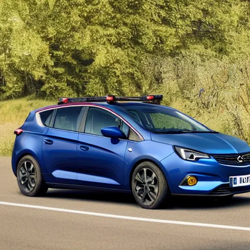 Prompt: hybrid of a dark blue horse and opel car with a roof rack on a highway