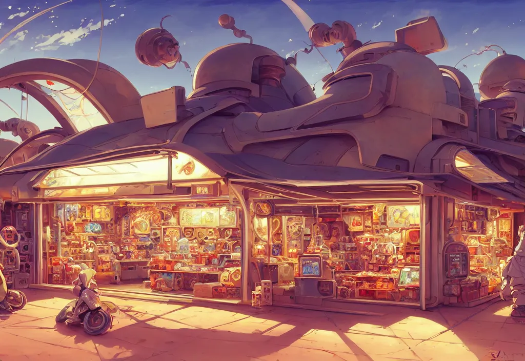 Image similar to chubby futuristic shop in the desert surrounded by two metal boxes, intricate oil painting, high detail illustration, sharp high detail, manga and anime 1 9 9 9, official fanart behance hd artstation by jesper ejsing and makoto shinkai, 4 k,