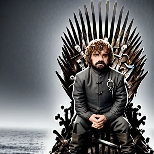 Prompt: tyrion lannister sitting on the iron throne, game of thrones,, hd, 4 k, detailed, award winning