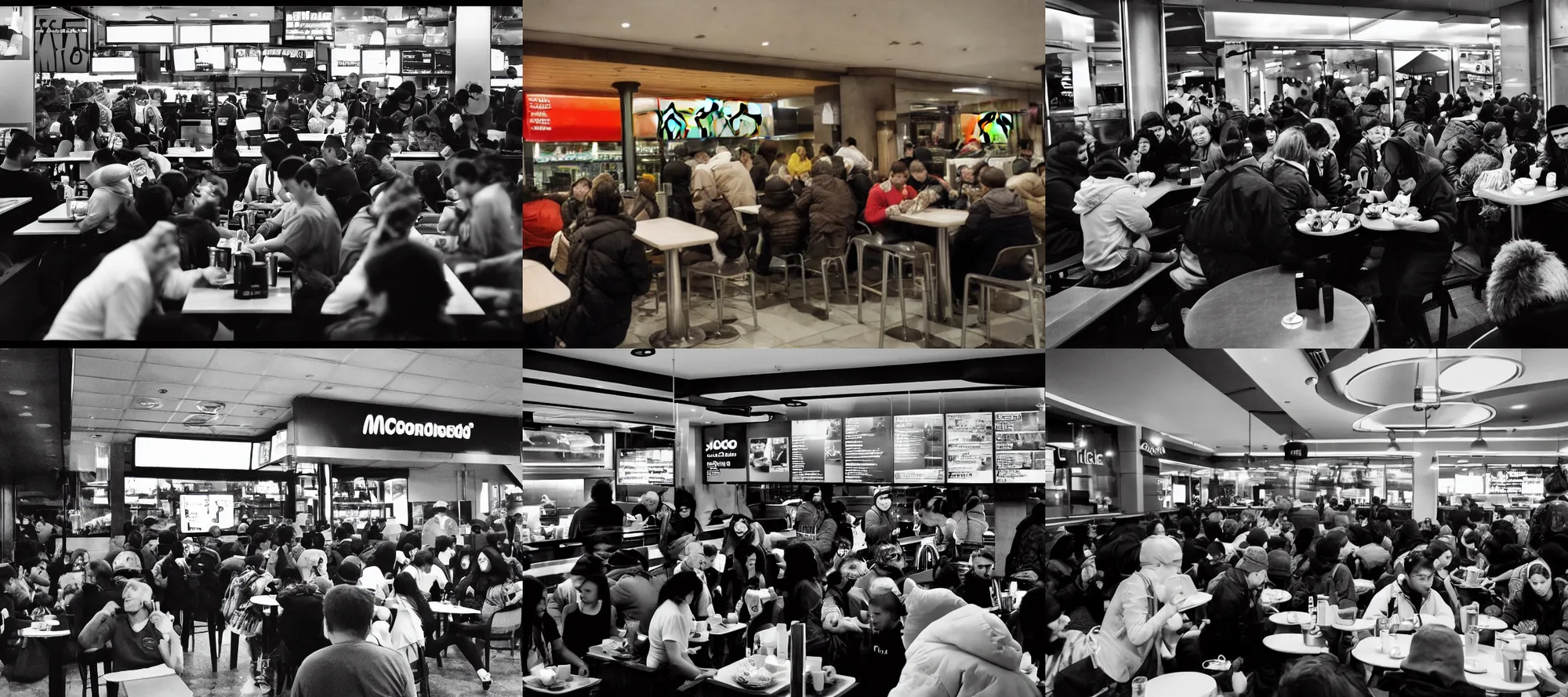 Prompt: Crowd of people eating in mcdonalds by Jusko Joe, ortographic, dark ambient, volumetrig fog