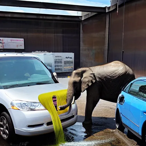 Prompt: an elephant in a car wash