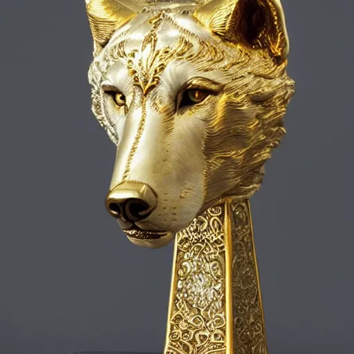 Image similar to a white marble statue of a wolf's head with gold filigree