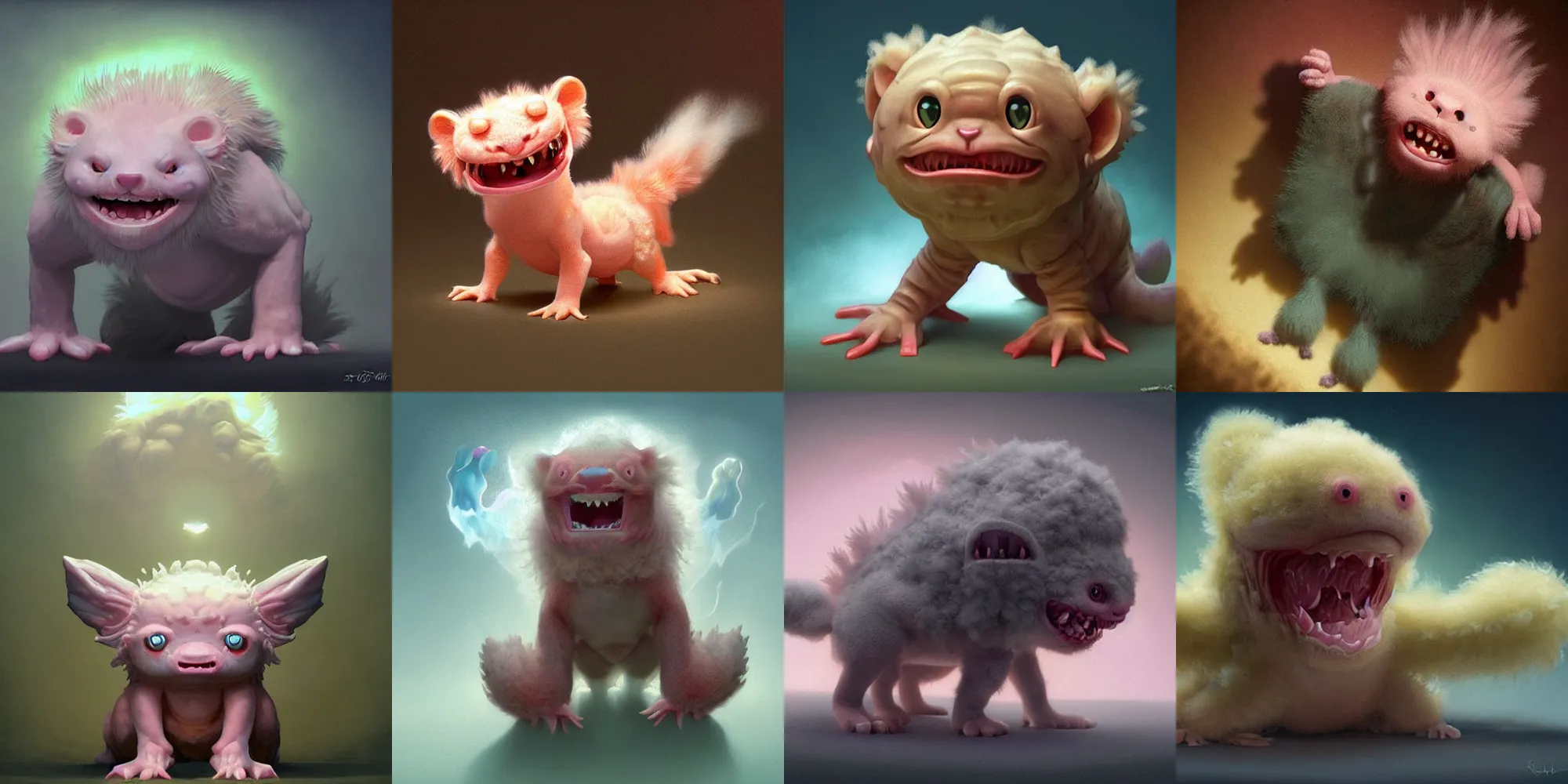 Prompt: cute! fluffy baby lion axolotl, fury, SSS, wrinkles, grin, rimlight, dancing, fighting, bioluminescent screaming pictoplasma characterdesign toydesign toy monster creature, artstation, cg society, by greg rutkowski, by William-Adolphe Bouguereau, by zdzisław beksiński, by Peter mohrbacher, by nate hallinan, 8k