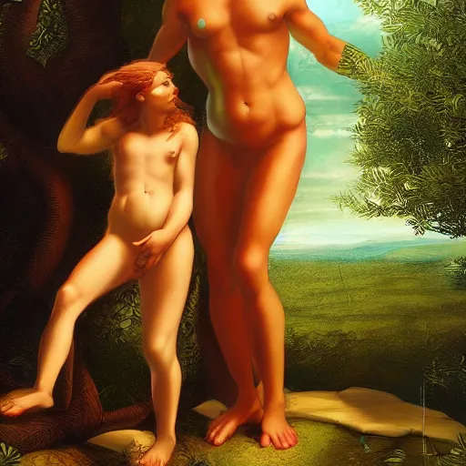 Prompt: adam and eve at paradise as a raphael paint, forbidden tree, art concept, artstation,