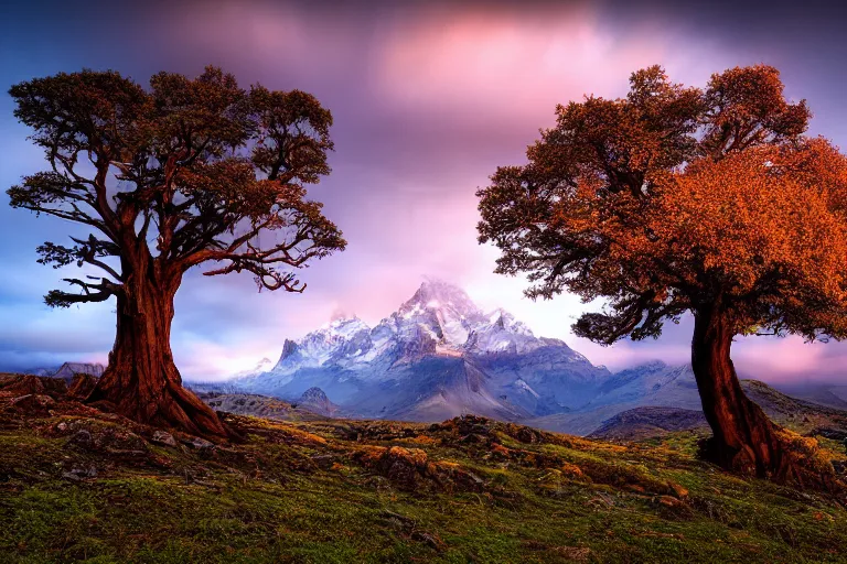 Prompt: beautiful landscape photo by marc adamus, mountains, tree in the foreground, dramatic sky,