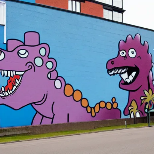 Image similar to belfast mural of barney the dinosaur holding an ak - 4 7