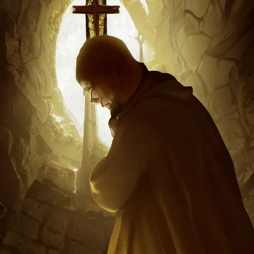 Prompt: A terrified catholic priest in his thirties kneeled in fervent prayer at the summit of a tall medieval tower. Eyes are wide open with fear looking straight at the viewer. Dressed in white. An ominous yellow shadow is descending upon him from the night sky. Award-winning digital art, trending on ArtStation