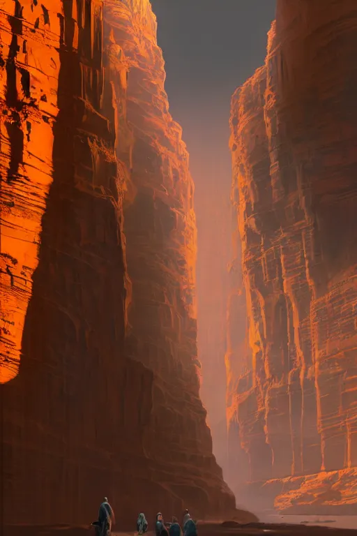 Image similar to monks walking through canyon to ancient yellow glowing temple, city of petra, light streaks in the sky, moon, dramatic lighting, artstation, matte painting, ralph mcquarrie, simon stalenhag