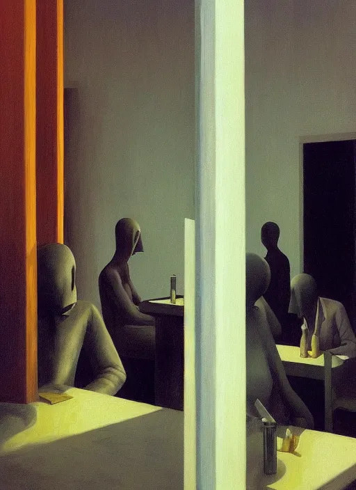 Image similar to faceless people at restaurant Edward Hopper and James Gilleard, Zdzislaw Beksinski highly detailed