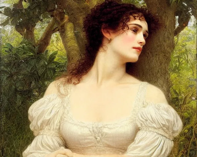 Prompt: portrait en buste of winona ryder kiera knightley in repose by Hughes Merle, by Pierre Auguste Cot, perfect detailed eyes, realistic fabric, abundant detail, kiera knightley