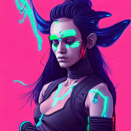 Image similar to portrait painting of a cyberpunk trans elf girl with beautiful flowing black hair and eyes, sharp focus, award - winning, trending on artstation, masterpiece, highly detailed, intricate. art by josan gonzales and moebius and deathburger