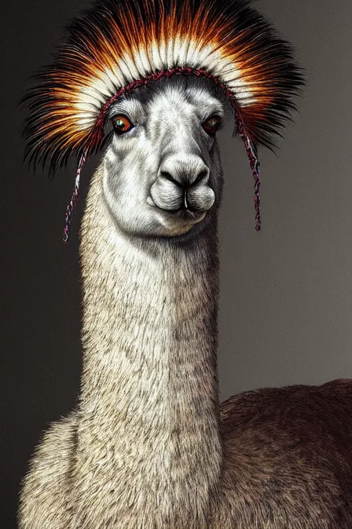 Image similar to hyperrealism close-up portrait llama in War bonnet in style of da Vinci