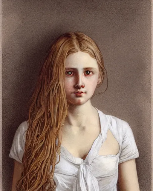 Image similar to portrait of 1 6 - year - old woman with dirty blonde hair down to her waist, pale eyebrows and protuberant silver eyes, wearing white shirt, hyper realistic face, beautiful eyes, fantasy art, in the style of greg rutkowski, intricate, alphonse mucha, hyper detailed, smooth