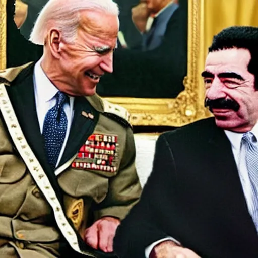 Image similar to joe biden sitting with saddam hussein they are both drinking tea photorealistic professional photograph