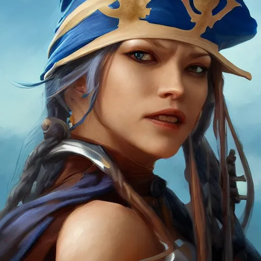 Image similar to Female pirate captain with blue skin, 4k oil on linen by wlop, artgerm, andrei riabovitchev, nuri iyem, james gurney, james jean, greg rutkowski, highly detailed, soft lighting 8k resolution