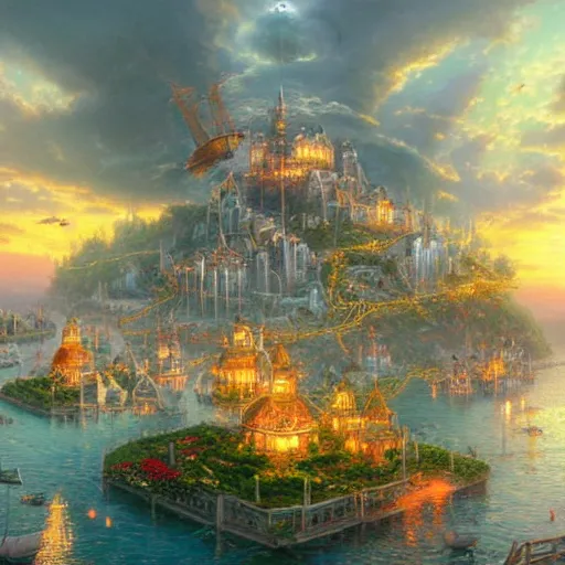 Prompt: cities on floating islands in the sky, islands connected by chains, breathtaking concept art, digital art, detailed, by thomas kinkade