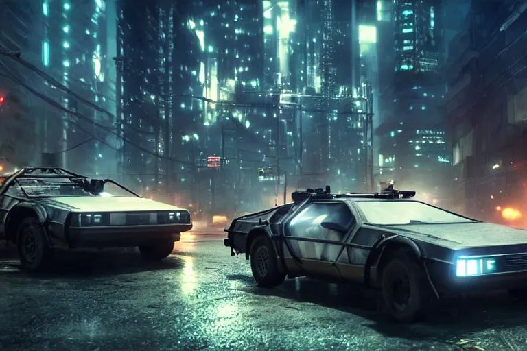 Prompt: photo of the back to the future combat delorean driving on wet dystopian cyberpunk city streets at night, rocket league, mad max, action, speed, volumetric lighting, hdr, gta 5, makoto shinkai, syd mead, craig mullins, cinematic, fast and furious, octane, 8 k, iso 1 0 0, 1 2 mm