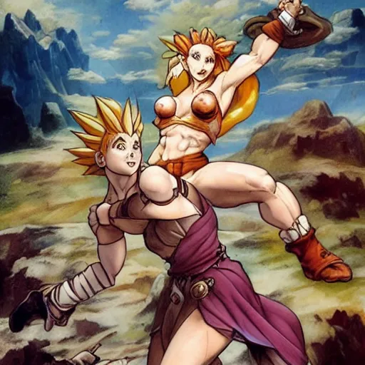 Prompt: crono stands atop a mountain of slain enemies as scantily clad babes marle and ayla clutch his legs, epic reimagining of chrono trigger by frank frazetta and boris vallejo