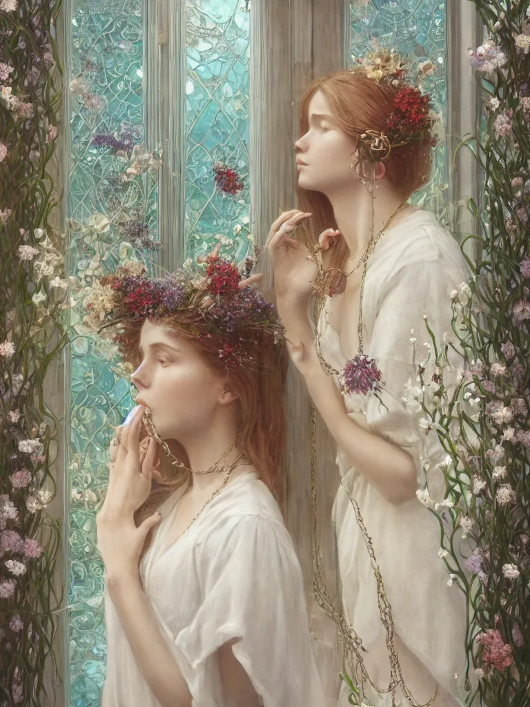 Image similar to a blonde girl in white dress in beautiful window, necklace with a fruit seed ornament, ocean eyes, light freckles, incense smoke and flowers in the background, portrait, mucha, conceptart, medium shot, unreal, octane, symmetrical, photorealism.