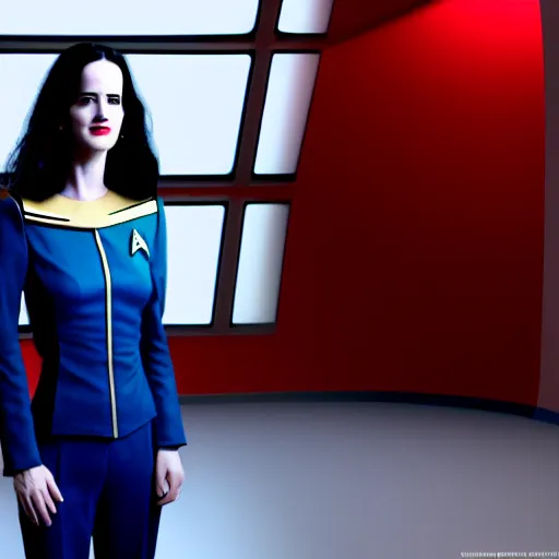 Image similar to a full body photograph of 3 0 year old eva green as a star fleet officer from star trek next generation, ultra rendered, extreme realism and detail, 8 k, highly detailed, realistic, completely framed, hyper realistic, colorful, direct lighting, 3 5 mm photo, photorealistic, sharp focus