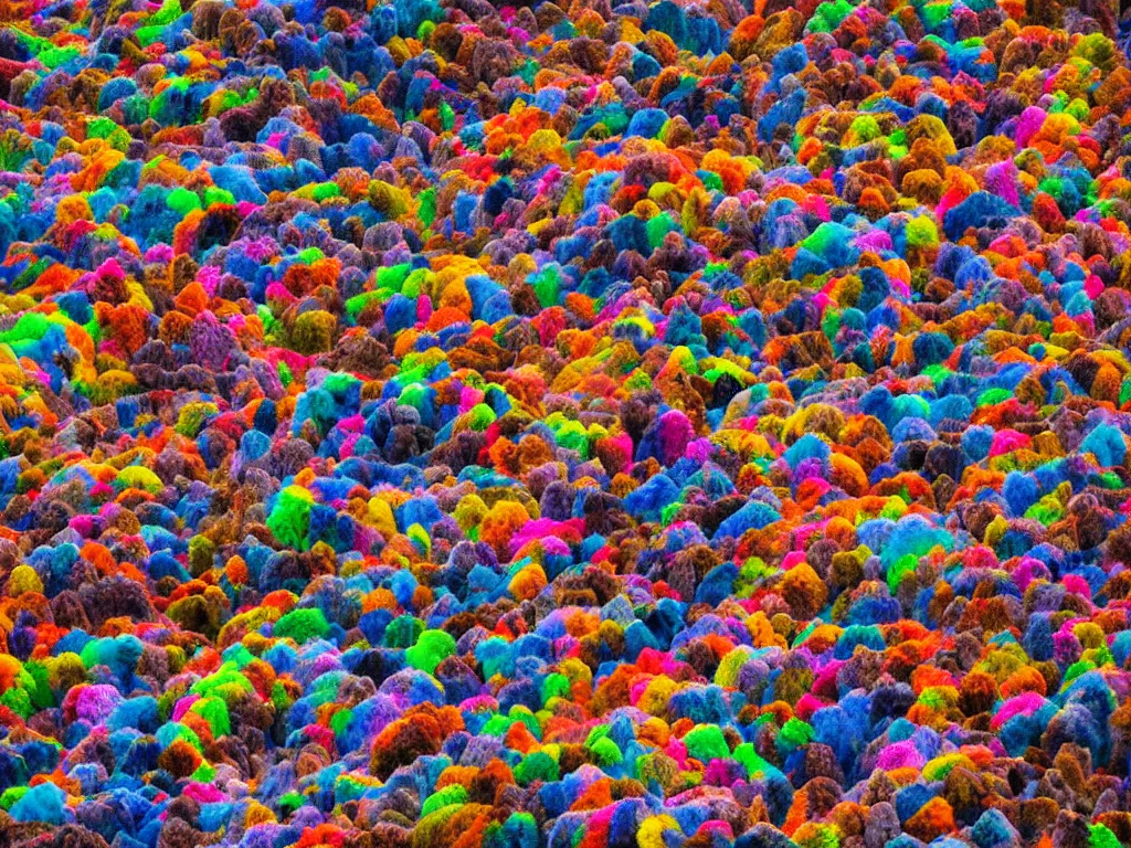 Image similar to a mountain made out of colorful cats, photography