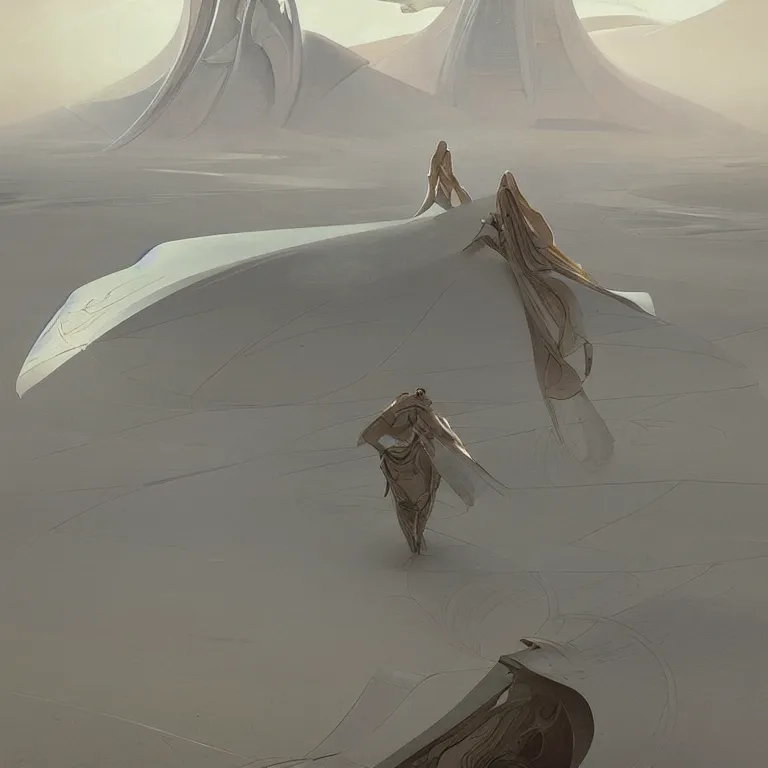 Prompt: digital art painting of dune inspired futuristic ultra clean white architecture structures in the desert, artstation art by greg rutkowski and alphonse mucha