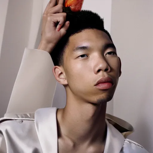 Image similar to realistic! photoshoot for a new balenciaga lookbook, color film photography, portrait of a beautiful asian model, photo in style of tyler mitchell, 35mm