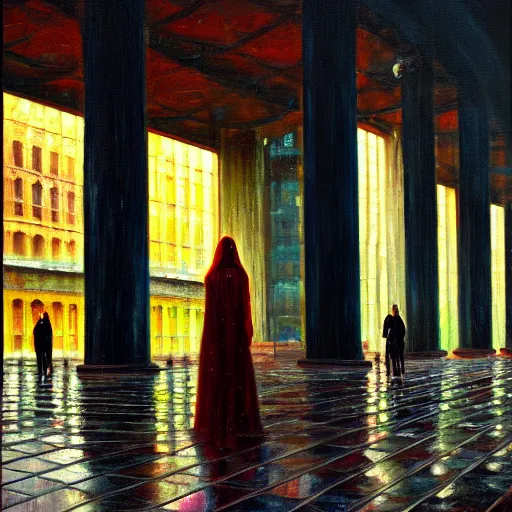 Image similar to scene, moment, beautiful woman, courtyard, capital, cybermosque interior, control panel, watcher, omniscient, tech noir, wet reflections, impressionism, matte painting, speed painting, chiaroscuro, oil on canvas