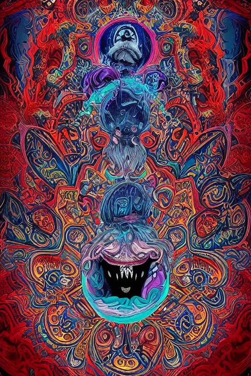 Image similar to Flowing lettering that says The Bozone, Fillmore concert poster for The Bozone by Robert Crumb, by Victor Moscoso, by Laurie Lipton, black light velvet poster, intricate paisley filigree, Bozo the clown. Clown motif, Shiny bulbous red clown nose at the center of an infinite fractal mandala tunnel of clowns, Unreal Engine, Cryengine, Artstation