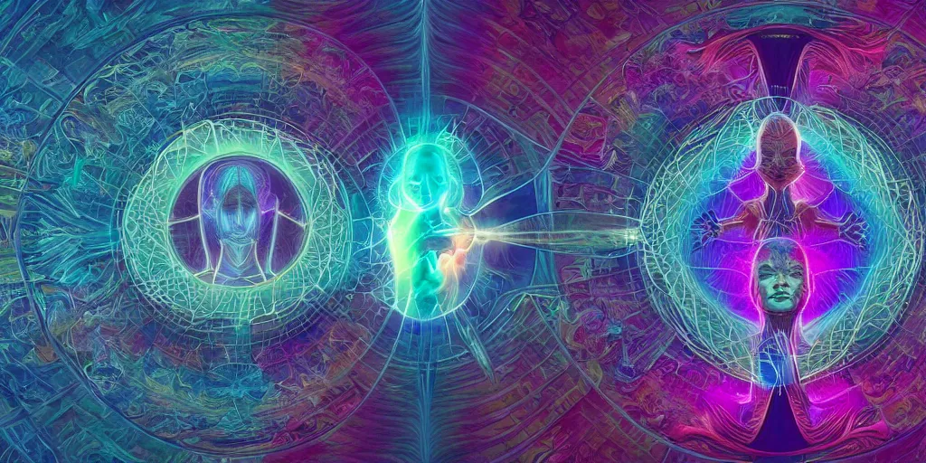 Image similar to transcendence into collaborative intelligence, endless collaboration with ai, connectedness, body, by alex grey, album cover, award winning, beautiful, colorful, volumetric lighting, trending on artstation, cinematic